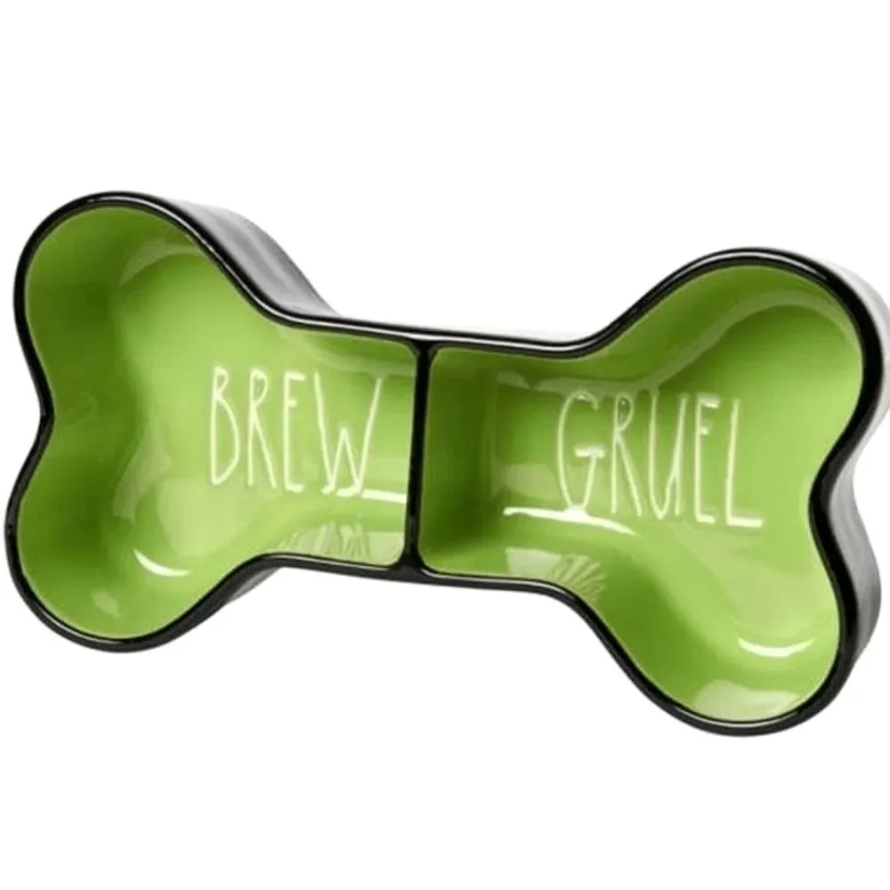 Rae Dunn Brew & Gruel Ceramic Green Bone Shape Pet‎ Bowl